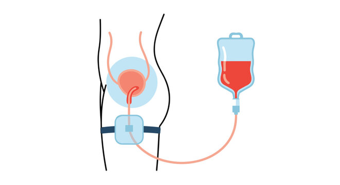 Medical illustration of a peritoneal dialysis procedure, showing the catheter, solution bag, and connection to the patient's abdomen.
