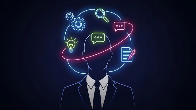 Conceptual business mind with neon icons orbiting head on dark background.