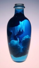 Ethereal ice cave landscape suspended inside a blue glass bottle with soft lighting, surreal fantasy art
