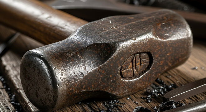 Heavy old rusty sledgehammer head lying on rustic wooden workbench surface in dimly lit workshop atmosphere ready for manual labor - Powered by Adobe