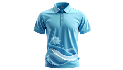 Light blue polo shirt with floral design, isolated on black background