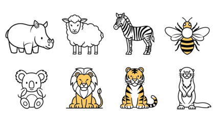 Animal icon set with line art style and solid color fills