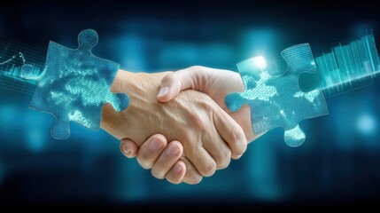 Collaborative partnership emphasized through handshake virtual setting digital art high-tech environment close-up view trust building