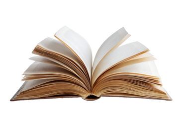 Antique open book with aged pages isolated on transparent background