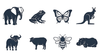 Animal Silhouettes Collection Featuring Elephant Frog Butterfly Kangaroo Buffalo Sheep Bee Hippo