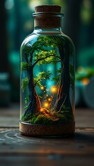 Mystical forest scene with ancient trees and magical fireflies trapped inside a glass bottle, concept art