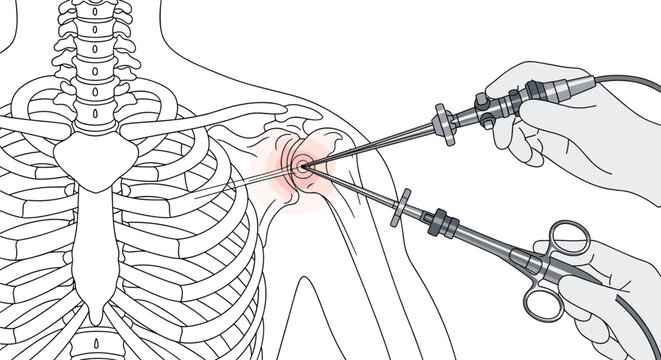 Medical illustration of a shoulder arthroscopy procedure, showing surgical instruments being used to perform minimally invasive surgery.