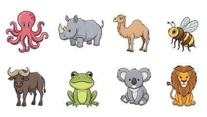 Cartoon animal collection featuring octopus rhinoceros camel bee buffalo frog koala lion