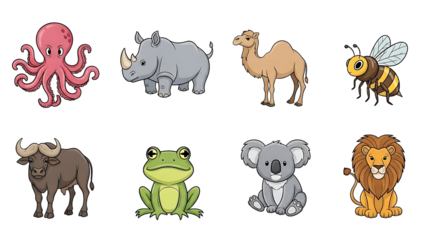 Cartoon animal collection featuring octopus rhinoceros camel bee buffalo frog koala lion