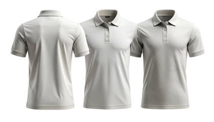 A series of three men's polo shirts in grey, showcasing front, back, and textured details