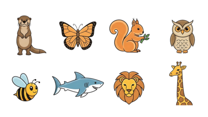 Cartoon animal collection otter butterfly squirrel owl bee shark lion giraffe illustration