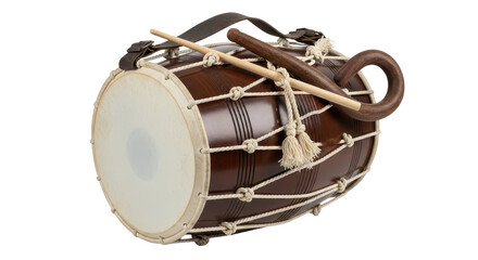 Indian Dhol drum with drumsticks, folk musical instrument isolated PNG with Transparent Background