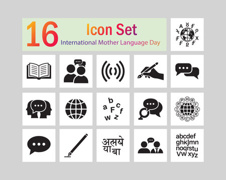 International Mother Language Day Icon Set With Communication Symbols book open book - Powered by Adobe