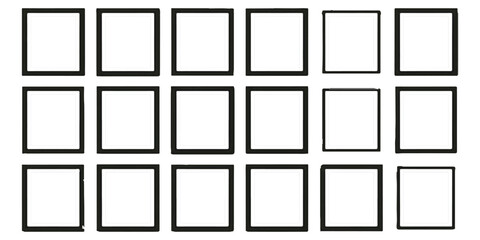 Grid of 18 blank square frames with black borders on white isolated on white background