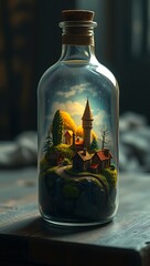 Miniature fairytale village with a castle and houses nestled on a hill inside a glass bottle, fantasy landscape