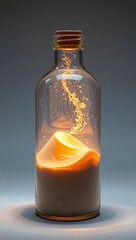 Abstract fiery energy vortex erupting from glowing sand inside a glass bottle, conceptual art