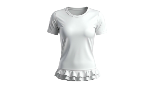 White, short-sleeved top with a round neck and ruffled hem against a black background