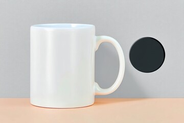 Fototapeta premium A white mug is placed on a peach-colored table against a gray wall with a black circular element. The image has a minimalist and clean aesthetic.