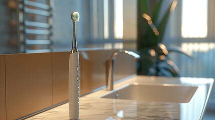 Electric toothbrush standing on marble sink in bathroom