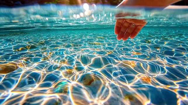 A hand reaching into clear, turquoise water, with sunlight filtering through, creating a beautiful underwater scene. - Powered by Adobe