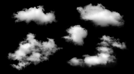 Set of fluffy white clouds isolated on black background, representing natural sky elements and soft mist texture, digital art and atmospheric design.