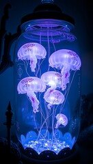 Group of bioluminescent jellyfish floating in a glass jar with purple LED lights, underwater magic