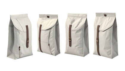 Four neutral-colored backpacks with leather accents, arranged in a row