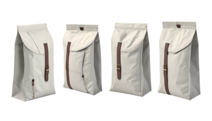 Four neutral-colored backpacks with leather accents, arranged in a row