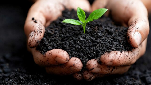 Close-up of hands cupping soil with a small green seedling growing out of it, symbolizing growth and new beginnings.
