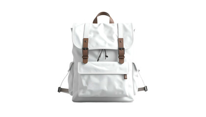 White, modern backpack with brown leather accents and straps, isolated on black background