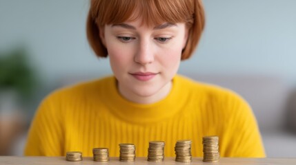 A focused woman in a yellow sweater observes stacks of coins, symbolizing savings, finance, and investment strategies in a calm indoor setting.