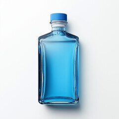 Blue liquid in glass bottle on white background