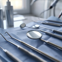 Dental tools on blue cloth in bright clinic