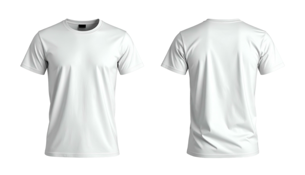 Two views of a plain white crew-neck T-shirt, front and back, on a black background