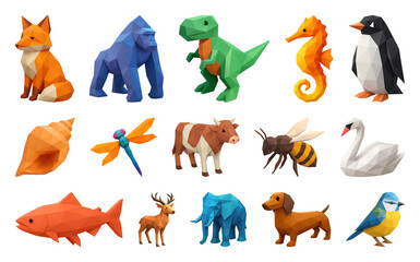 Obraz premium PNG Colorful low-poly animal collection, element set on transparent background