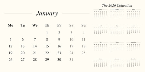 Elegant 2026 Calendar Collection: Monthly Layout with Minimalist Design and Neutral Color Palette, Perfect for Planning and Organization in the New Year