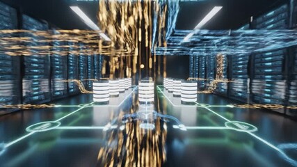 Glowing futuristic data center server room with digital network cables and advanced technology for seamless information transfer and high tech network infrastructure illuminated by glowing wires - Powered by Adobe