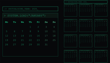 2026 Full Year Calendar in Retro Terminal Style. Planning for 2026 in a unique, nostalgic way with this green-on-black digital style calendar, reminiscent of vintage computer interfaces.
