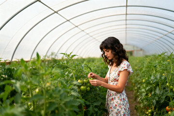 Young woman in a floral summer dress tending to lush green tomato plants in a large, white hoop house or polytunnel, showcasing sustainable organic farming and gardening