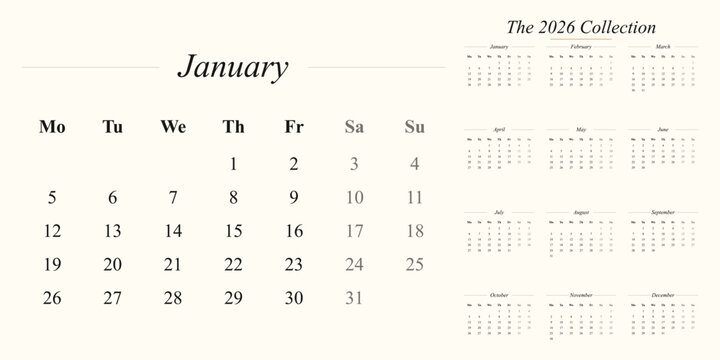 Elegant 2026 Calendar Collection: Monthly Layout with Minimalist Design and Neutral Color Palette, Perfect for Planning and Organization in the New Year
