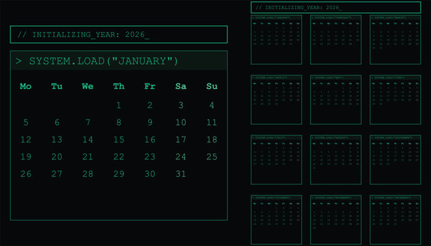 2026 Full Year Calendar in Retro Terminal Style. Planning for 2026 in a unique, nostalgic way with this green-on-black digital style calendar, reminiscent of vintage computer interfaces.