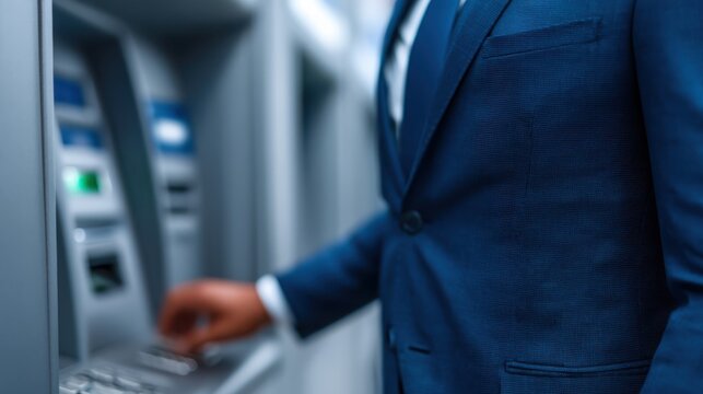 A suited individual using an ATM, showcasing modern banking technology in a sleek, professional environment.