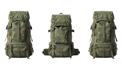 Three olive-green backpacks side-by-side against a black background