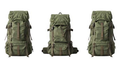 Three olive-green backpacks side-by-side against a black background