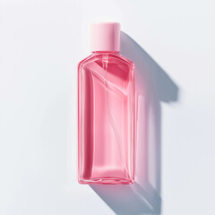 Pink cosmetic bottle in bright light on white background