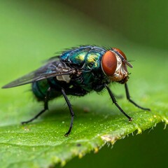 Fototapeta premium Close-up macro photograph of a green and black fly on a bright green leaf. The insect has red eyes and intricate details
