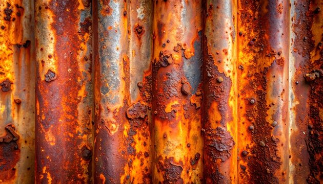 Vibrant orange and brown rust texture on old corrugated metal sheet