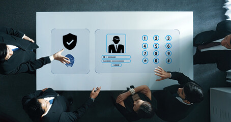 A dynamic business team interacts with a digital security interface, focusing on login procedures and cybersecurity protocols in a modern office setting. Trope