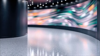 A modern studio interior with a curved wall featuring an abstract display, a reflective floor, and ambient lighting.