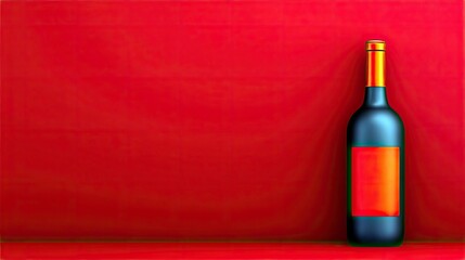 A single wine bottle with a red label and gold cap stands against a red backdrop, lit with dramatic lighting.